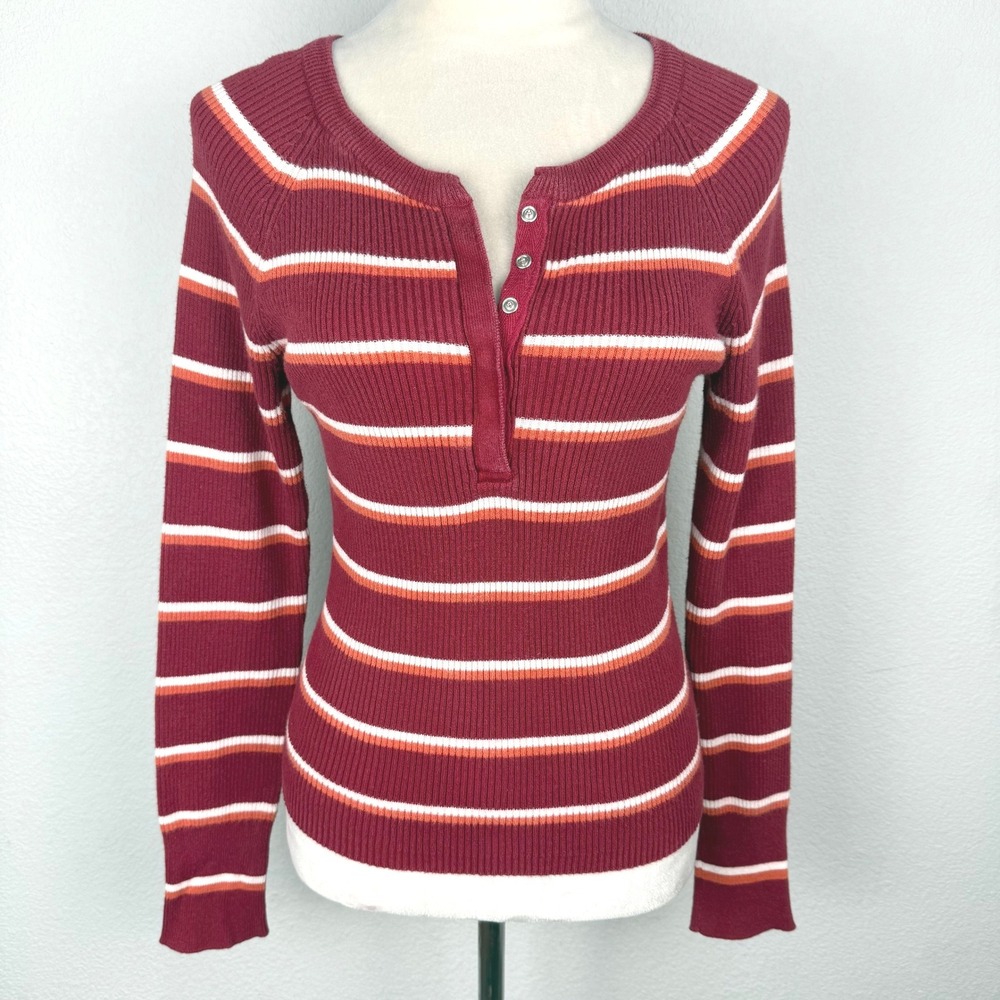 VTG Y2K Arizona Jean Co. Womens Red Striped Ribbed Long Sleeve Henley Top Size L